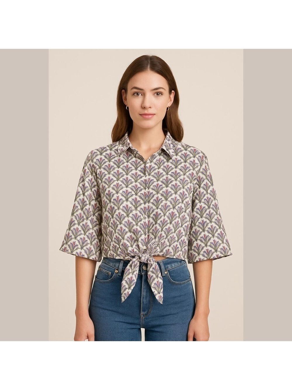 Zara Pineapple Jade Green Purple Satin Pajama Style Cropped Top front tie shirt